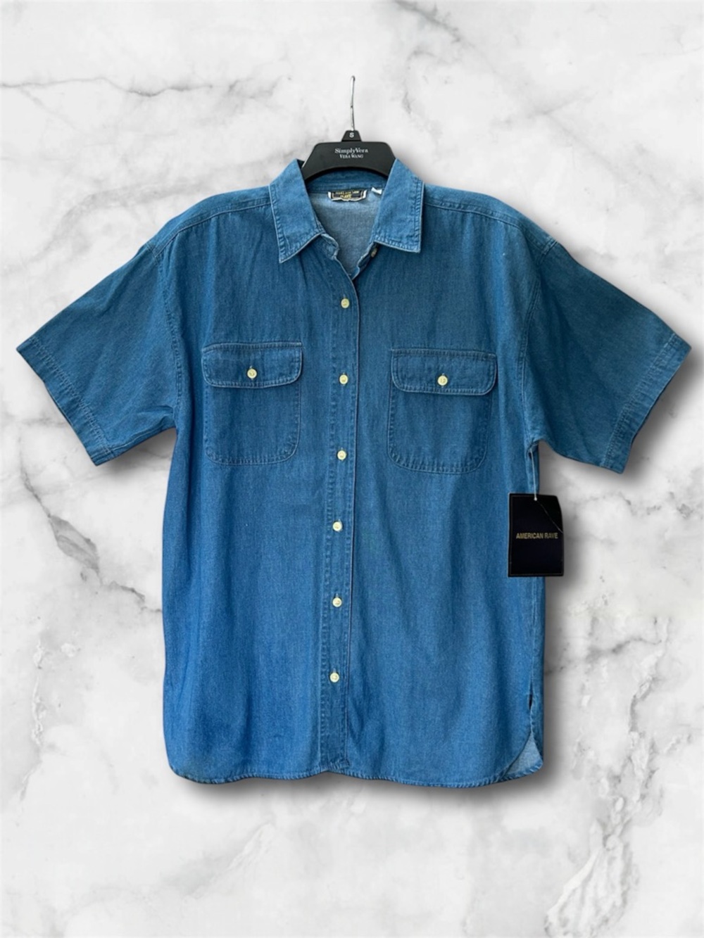 NWT American Rave Vintage Blue Denim Short Sleeve Button Down Shirt Pockets Sz L - Picture 2 of 10